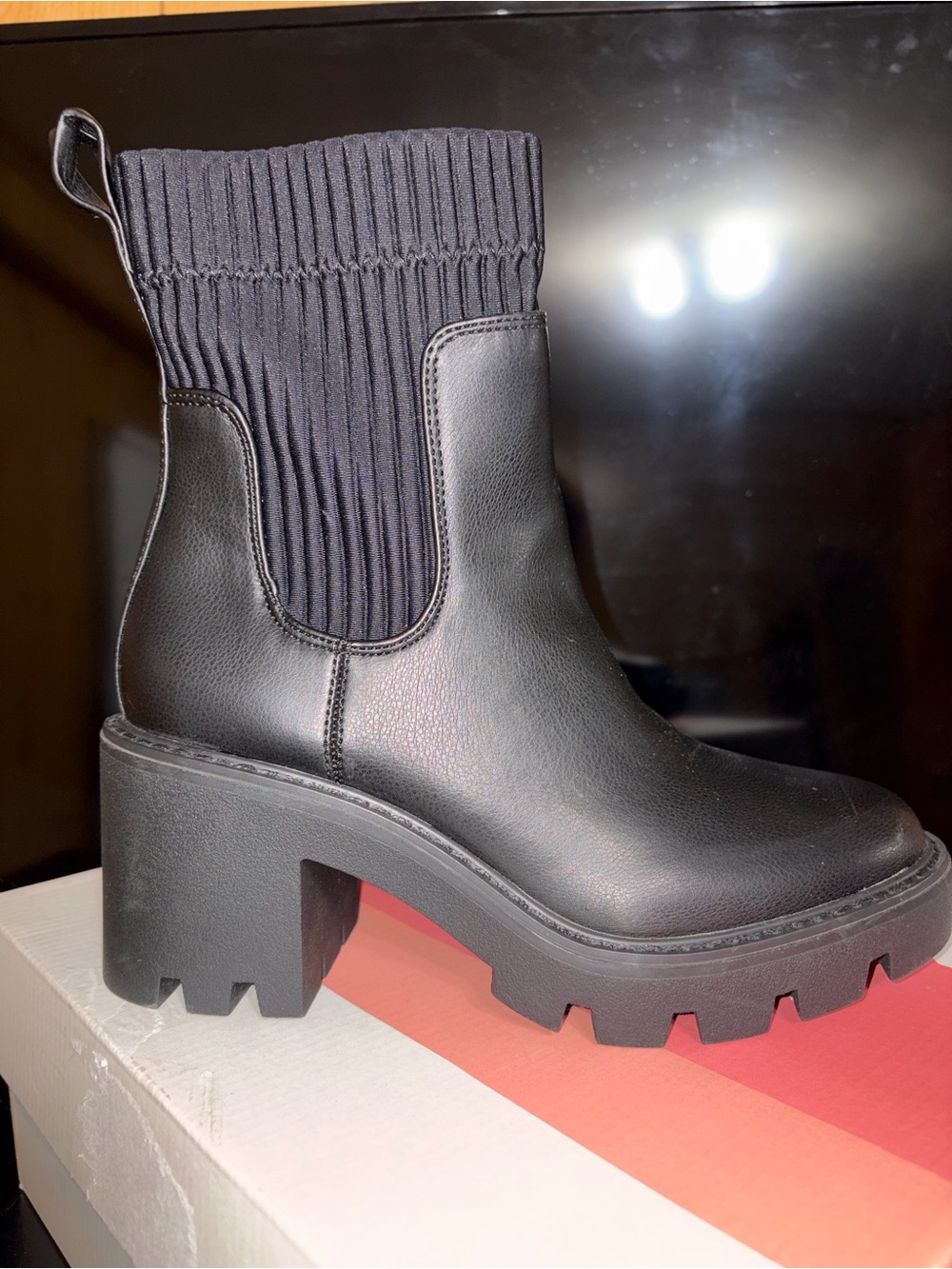 Bar III Black Ribbed Chelsea Lug-Heel Boot